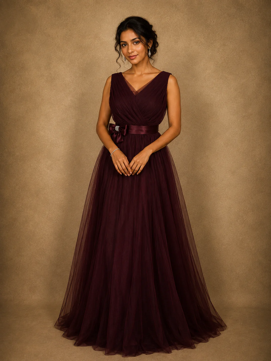Burgundy Pleated Design Net Party Wear Gown with Bow Waist Detail